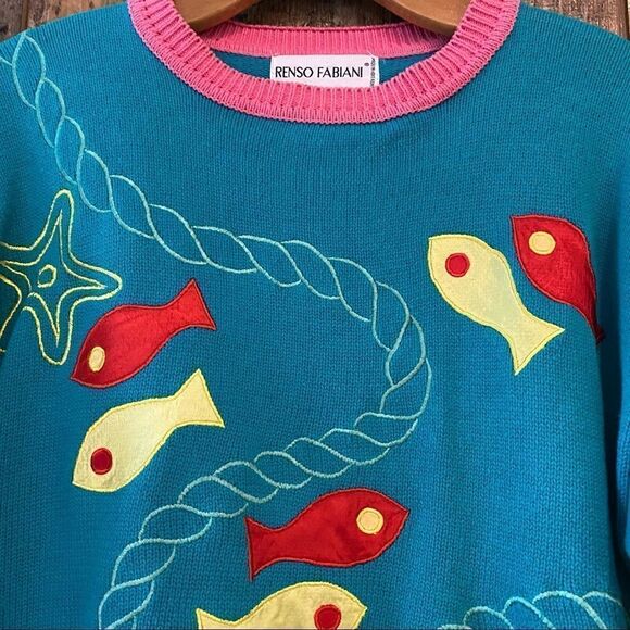 Renso Fabiani 1980’s Vintage Turquoise 2 Sided Fabric Fish Short Sleeve Sweater - Picture 7 of 8